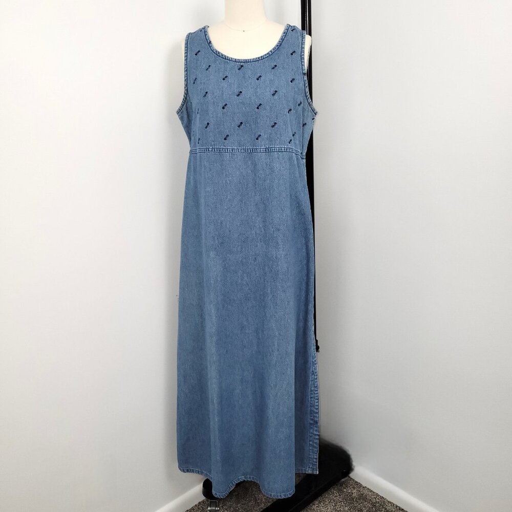 Vintage 90s AMI Denim Maxi Dress Embroidered Sleeveless Side Buttons